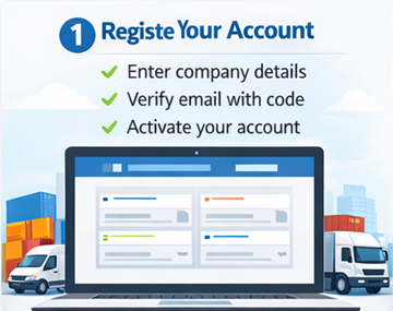 Formularz rejestracyjny przewoźnika ExusTrans z danymi firmy i numerem VAT oraz aktywacją poczty e-mail